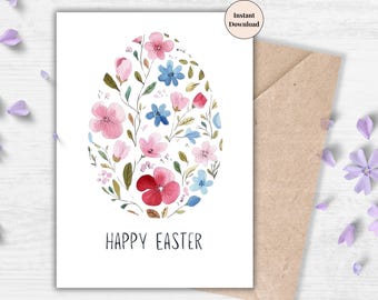 Happy Easter Card with Watercolor Floral Egg – Printable Easter Card for Kids, Friends, Teachers or Neighbors, Spring Pastel Art E-card