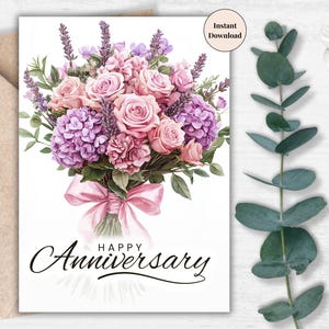 Elegant Happy Anniversary Printable Card - Floral Digital Greeting with Roses & Lavender - Romantic Instant Download for Couples for Her
