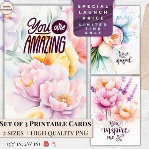 Conjunto de cartões florais modernos - Nota digital minimalista - Cartões de aniversário e amor para impressão | Você é incrível Impressão digital para ela | Buquê para você