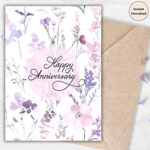 Romantic Anniversary Printable Card – Watercolor Floral Digital Greeting For Her, Elegant Wildflowers Instant Download | Simple Pattern