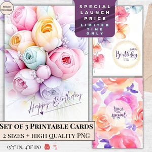 Cartão de Feliz Aniversário em Pastel Suave - Cartão eletrônico floral para impressão, download instantâneo para ela e amantes da natureza, design de buquê de flores | Padrão floral