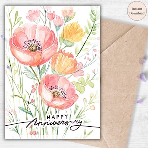 Romantic Red Poppy Anniversary Printable Card – Watercolor Love Card For Her, Wife, Girlfriend | Stunning Wildflower Digital Art Greeting