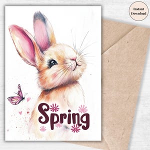 Tarjeta de felicitación primaveral con un dulce conejito y una mariposa - Tarjeta de Pascua imprimible para mamá, hija, tía, hermana, madrastra, abuela - Descarga digital