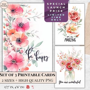 Elegante bloemen waarderingskaarten - afdrukbare wenskaartenset voor aanmoediging, dankbaarheid en vriendschap - Instant digitale download voor haar