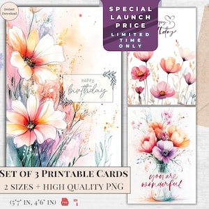 Cartão de aniversário floral Cartão de felicitações para impressão | Cartão de feliz aniversário para ela | Download digital | Ecard Natural Birthday | Download instantâneo