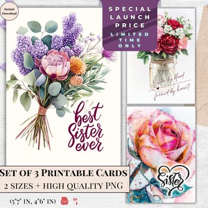 Ensemble de cartes imprimable Meilleure soeur de tous les temps - bouquet de fleurs rustique et citation de sororité - voeux aquarelle d'inspiration vintage - téléchargement numérique