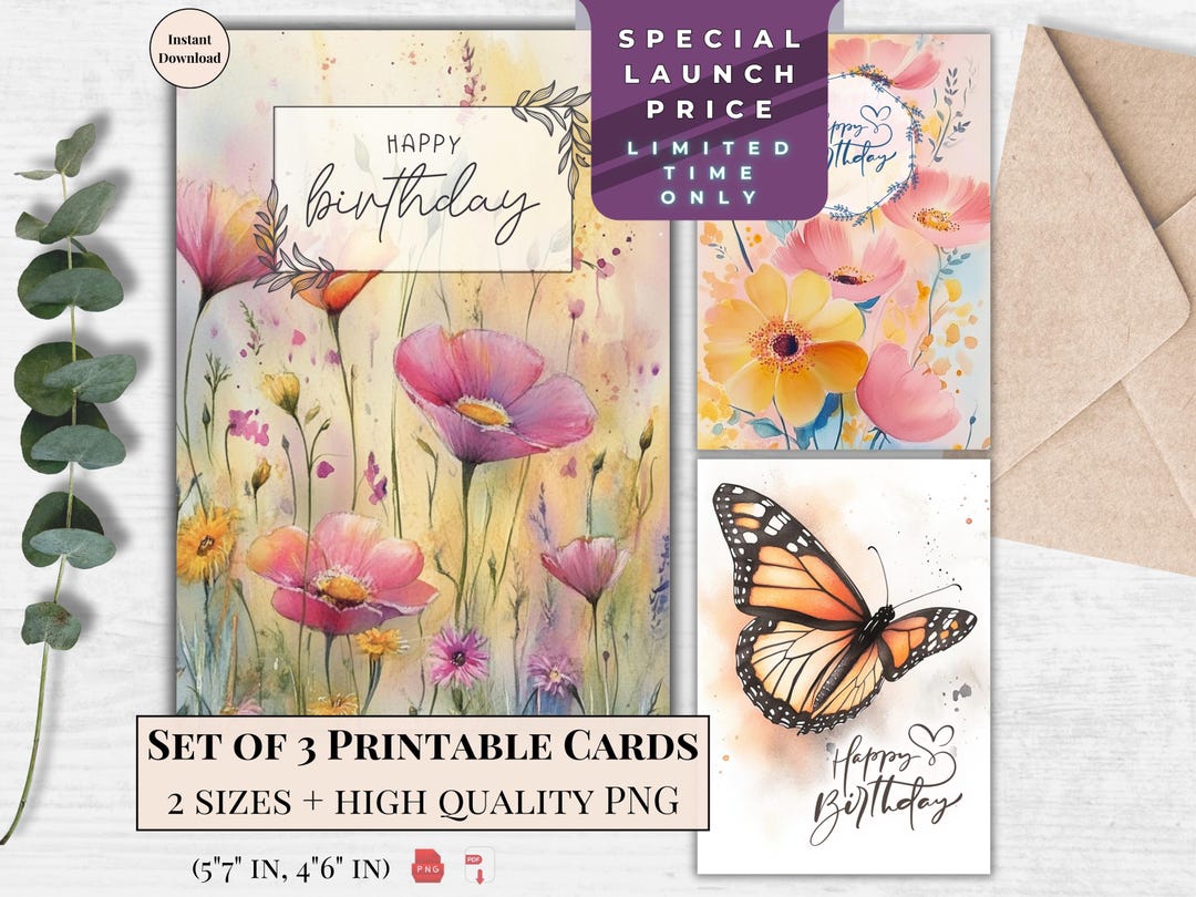 Watercolor Floral Birthday Card Set: Printable Ecards (digital Download ...