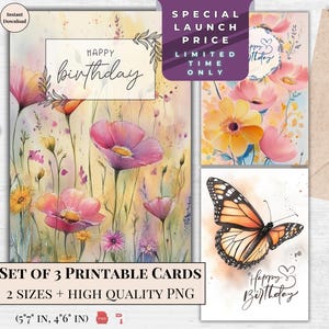 Cartão de Aniversário | Cartão de Saudação com Flores em Aquarela para Imprimir | Download Digital de Feliz Aniversário | Cartão Eletrônico Instantâneo | Conjunto de 3 Desenhos Florais