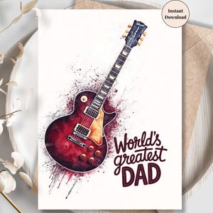 Gitaarkaart ter wereld – muziekliefhebber afdrukbaar voor Vaderdag, digitale rock papa cadeau, artistieke muziekkaart voor hem | Beste vader