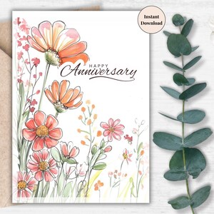 Afdrukbare verjaardagskaart wilde bloemen – oranje bloemen aquarelkaart voor haar | Romantische veldbloem liefdesgroet voor vrouw, vriendin