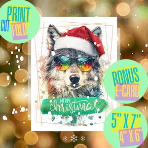 Cartão imprimível de lobo com óculos – Arte animal divertida em tamanhos 4x6 e 5x7 | PNG bônus para compartilhamento social | Cartão eletrônico de Natal | Cartão eletrônico de saudação festiva