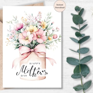 Happy Mother’s Day Mason Jar Floral Printable – Soft Flowers, Elegant Watercolor Digital Card for Mom & Mother Figures | Thoughtful Mum Gift