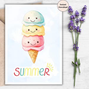 Smiley Ice Cream Summer Printable Card – Cute Stacked Cones Greeting, Fun Ice Cream Wall Art for Kids, Digital Download for Summer Joy