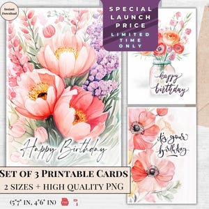 Printable Birthday Card Set for Her – Elegant Floral Greeting Cards – Digital Download for Her, Mom, Wife, Sister, Girlfriend or Daughter