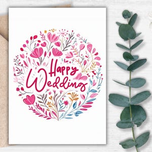 Glückliche Hochzeit druckbare Karte - Blumen Aquarell Design, digitale Andenken Brautpaar, elegantes Hochzeitsgeschenk, Sofort Download | Brautpaar Karte