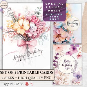 Conjunto de aniversário feminino - presente floral para impressão - papelaria aquarela para ela, design de buquê para download instantâneo | Cartão de arte floral suave em tons pastel