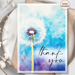 Carte de remerciement imprimable pissenlit - carte de gratitude aquarelle minimaliste moderne pour l'appréciation de tous les jours et les occasions | Moments spéciaux