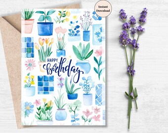 Watercolor Potted Plants Birthday Card - Botanical Art (PDF & PNG)