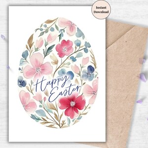 Floral Easter Egg Card – Happy Easter Watercolor Flower Printable, Pastel Spring Holiday Greeting for Her or Him, Family, Friends, Teachers