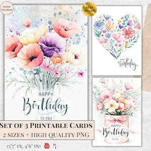 Bestseller Set of Watercolor Floral Birthday – printable card, digital download, instant, PDF, floral design, for her, birthday gift Card