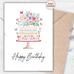 Birthday Card Printable – Whimsical Floral Cake Digital Greeting, Birthday Card for Her or Kids, Instant Download | Children Gift Print Home