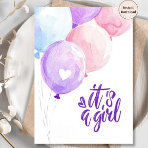 It’s a Girl Heart Balloon Card – Sweet Pink Watercolor Announcement for Baby Girl | Congratulation to future Parents, New Mom & Dad E-card