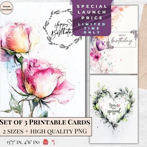 Cartão de aniversário | Cartão de felicitações floral aquarela para impressão | Download digital de feliz aniversário | Conjunto moderno de 3 cartões eletrônicos e designs de corações de rosas