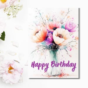 Elegante aquarel bloemen verjaardag – afdrukbare kaart, digitale download, instant, pdf, bloemdessin, voor haar, verjaardagscadeau
