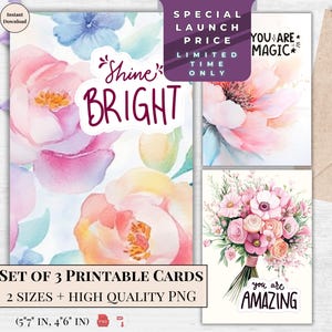 Set jubileumkaarten - aquarel pioenrozenkunst - digitaal bloemencadeau voor vrouw of moeder | Shine Briget-ecard | Jij bent magisch | Digitale afdruk