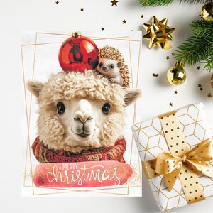 Festliches Lama und Igel Urlaub Karte Download | Niedliche Tiergrüße | Digitaler Download PDF PNG | Festliche rote Verzierung | Weihnachts Postkarte