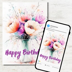 Elegant Watercolor Floral Birthday – Printable Card, Digital Download ...