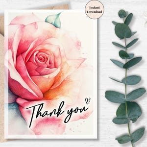 Tarjeta de agradecimiento imprimible con detalle de rosa: romántica nota floral digital para aniversarios, esposas, novias o clientes. Un bonito detalle para ella.