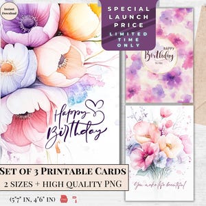 Conjunto de 3 cartões de aniversário com buquê roxo | Cartões de feliz aniversário para impressão para ela, design floral pastel, download instantâneo de cartão eletrônico | Peônias