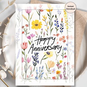 Tarjeta imprimible de aniversario con flores silvestres: saludo digital romántico con flores silvestres de colores, arte rústico para tu pareja o esposo.