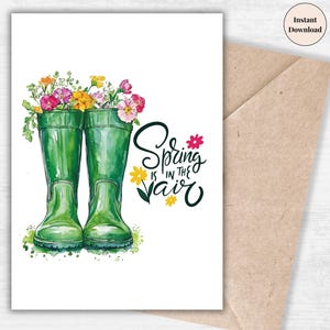 Carte de printemps sur les bottes de pluie | Impression de cadeau de jardin floral | Salutation saisonnière mignonne | Art numérique de Pâques | Cadeau à téléchargement immédiat pour elle
