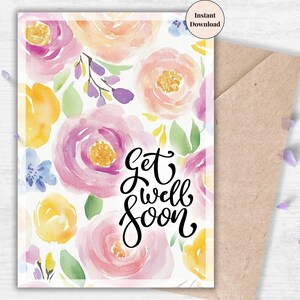 Get Well Soon Card with Pastel Roses – Printable Watercolor Card for Woman, Mom, Friend and Teacher | Instant Download for Wife or Daughter
