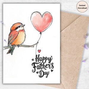 Happy Father’s Day Bird Card – Sweet Nature Printable with Balloon, Gentle Card from Kids or Partner, Digital Gift | Cute Animals with Love