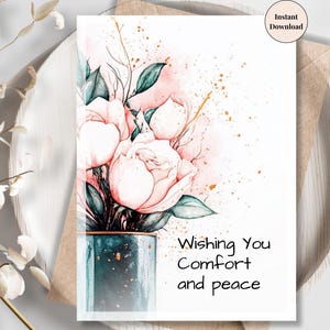 Carte de sympathie imprimable avec des fleurs roses dans un vase - Carte de deuil et de réconfort pour un deuil, la perte d'un animal de compagnie, d'un parent ou d'un ami | Je pense à vous