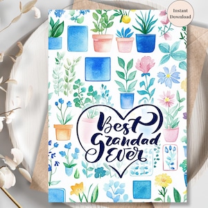 Best Grandad Ever Printable Card | Watercolor Flower Pot Design | Digital Father's Day Gift from Grandkids | PDF Foldable Card, PNG Download