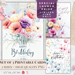Elegant Watercolor Floral Birthday – printable card, digital download, instant, PDF, floral design, for her, birthday gift Card | Printable