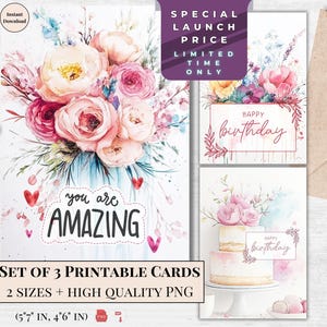 Cartão de felicitações para impressão de flores em aquarela | Download digital de feliz aniversário | Conjunto de 3 designs florais em tons pastel | Cartão de bolo minimalista