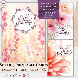 Cartão de Feliz Aniversário - Ilustração Floral para Imprimir, Peônias Pastel Suaves, Download Instantâneo para Ela e Amantes da Natureza Presente Único | Cartão Meadow