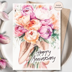Tarjeta de aniversario con ramo romántico: arte digital imprimible para ella, esposa o novia. Elegante tarjeta de acuarela con una mujer sosteniendo flores.