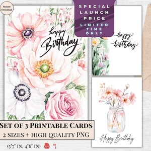 Zachte aquarelverjaardagskaarten - Elegante afdrukbare wenskaart met bloemen - Direct downloaden voor handgemaakte wensen en gepersonaliseerde cadeaus voor haar