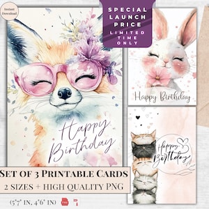 Birthday card Watercolor Cute Bunny Printable greeting card | Happy birthday | Digital download | Ecard Birthday | Instant download Ecard