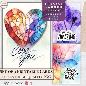 Tarjetas de felicitación de San Valentín con acuarela: paquete de 3 diseños florales y tarjeta electrónica Te amo: descarga digital, uso instantáneo / Arte floral Diente de león