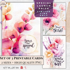 Ensemble de voeux floraux - Cartes de correspondance aquarelles - Papeterie imprimable| Impression numérique | Carte postale électronique Shine Bright | Art floral téléchargeable pour carte électronique
