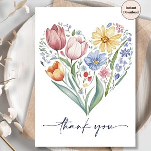 Printable Heart-Shaped Floral Thank You Card – Watercolor Spring Greeting for Teacher, Mom, Family, Friend, Loved One or Special Occasions
