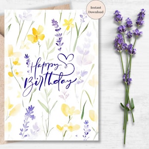 Lavender and Yellow Birthday Card – Soft Pastel Floral Printable for Friend, Sister, Mom, or Spring Birthday Celebrations | For Him or Her