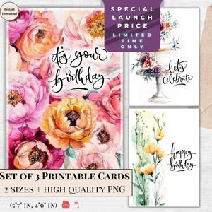 Luxury Birthday Printable Cards – Elegant Watercolor Floral & Cake – Digital Greeting for Her of Him, Friend, Dad, Mom – Instant Download
